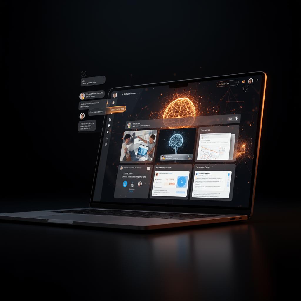 Mockup de painel premium com múltiplas ferramentas de IA flutuando sobre tablet de vidro