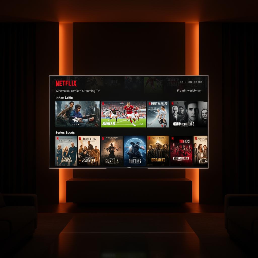 Mockup de interface premium de streaming com filmes, séries e esportes ao vivo